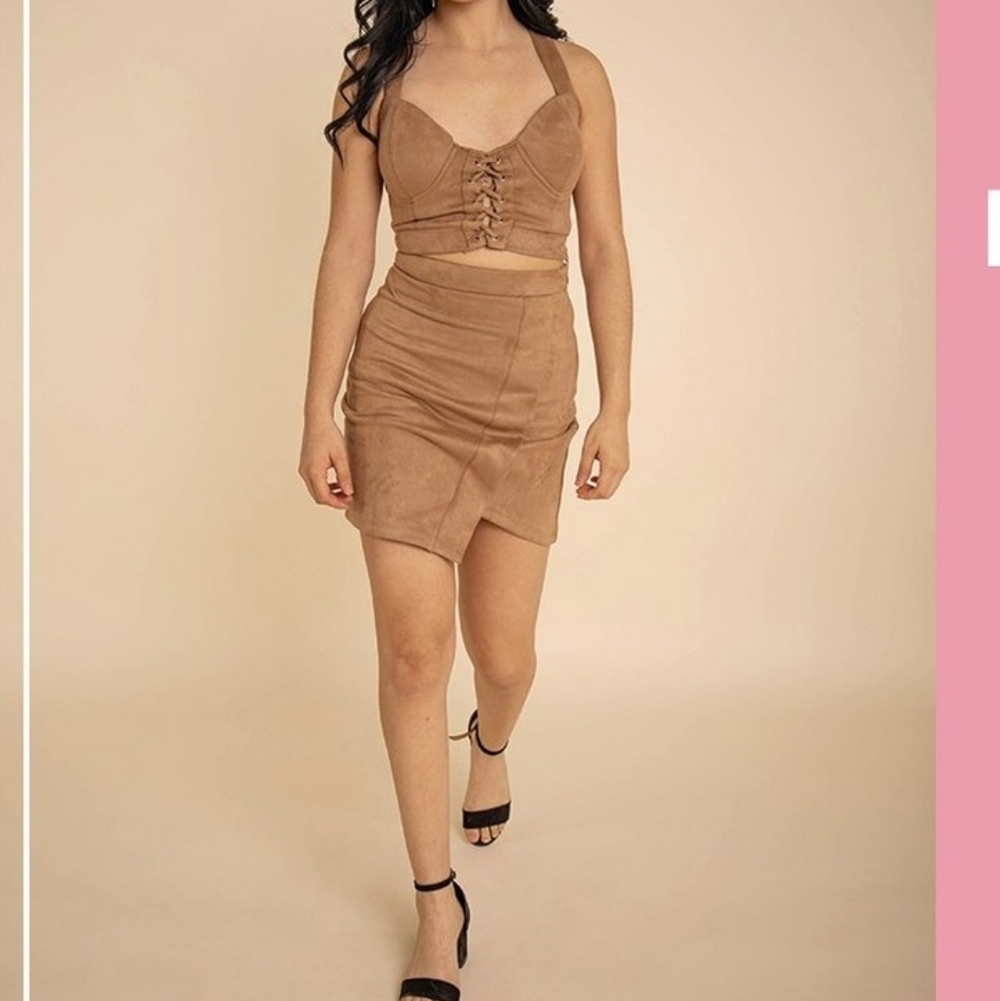 Tan Faux Suede Corset And Skirt Set Size Medium